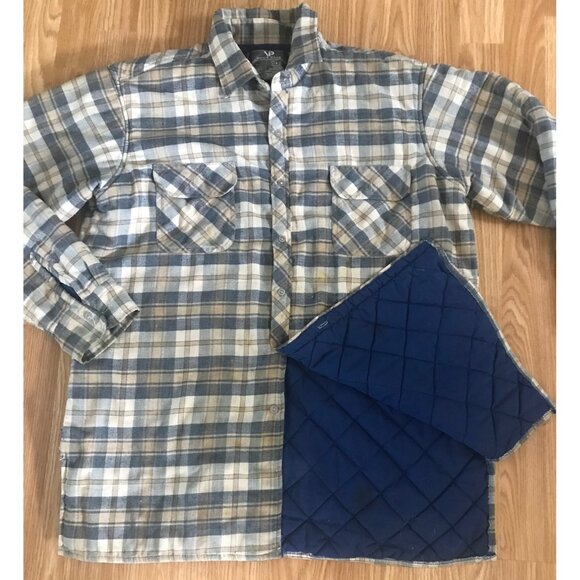 Quilted Flannel Shirt Jacket Plaid Lg Blue Brown Beige Lined VIP Menswear - Picture 2 of 7